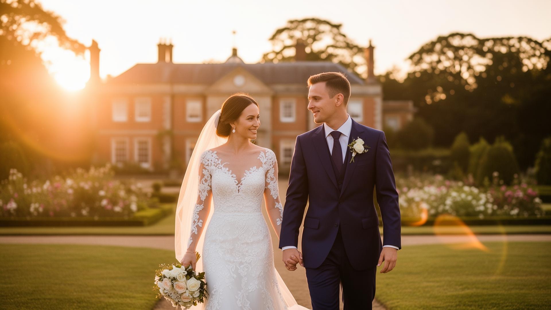 Couple de mariés au coucher du soleil